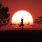 3d female yoga pose african landscape with sunset sky